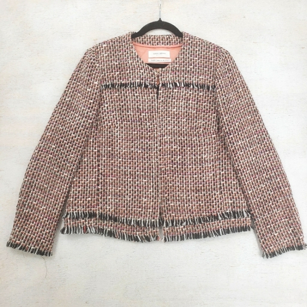 Gerry Weber Women pink tweed blazer US 12 hook and eye front closure fringe